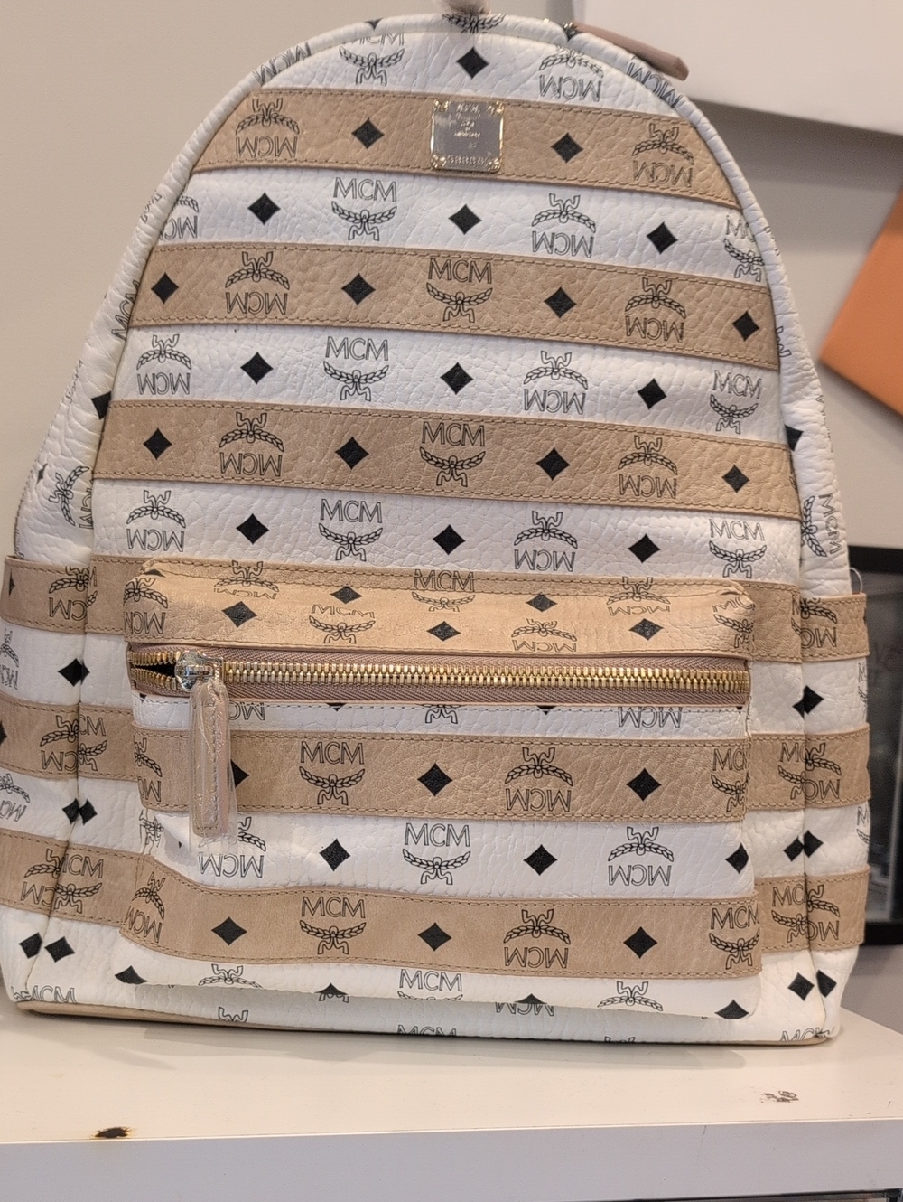 MCM White and Beige Visetos Striped Backpack for Men